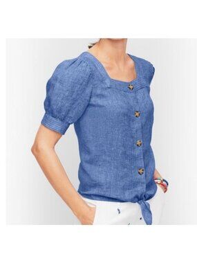 Talbots Linen Women’s Blouse Size M Petite Relaxed Fit Tie Front Square Neck